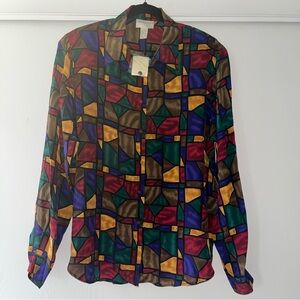 Vintage Christie and Jill 100% Silk Blouse Shirt Multicolor Long Sleeve size 16